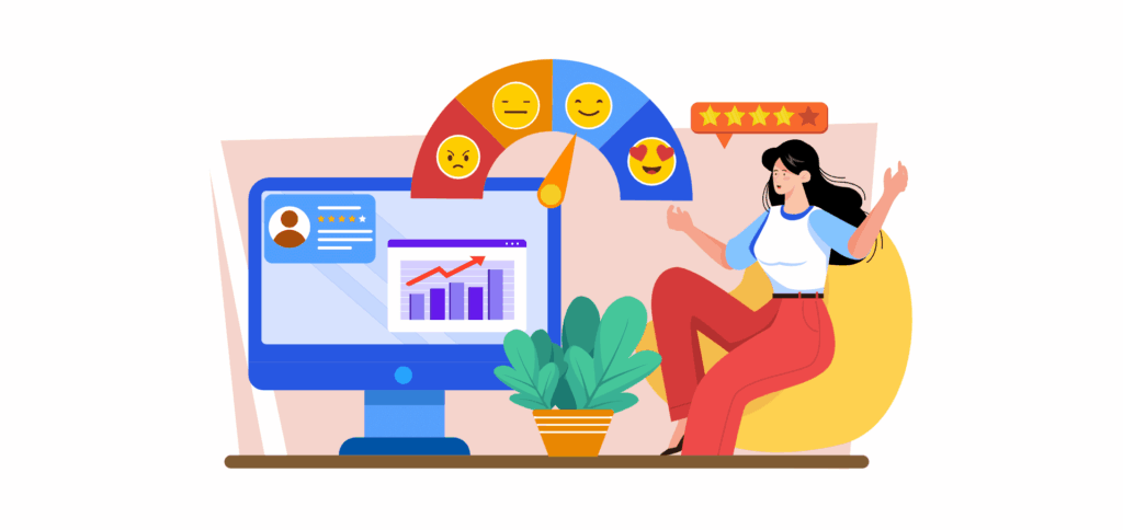 Vrouw tevreden met online recensie resultaten grafiek