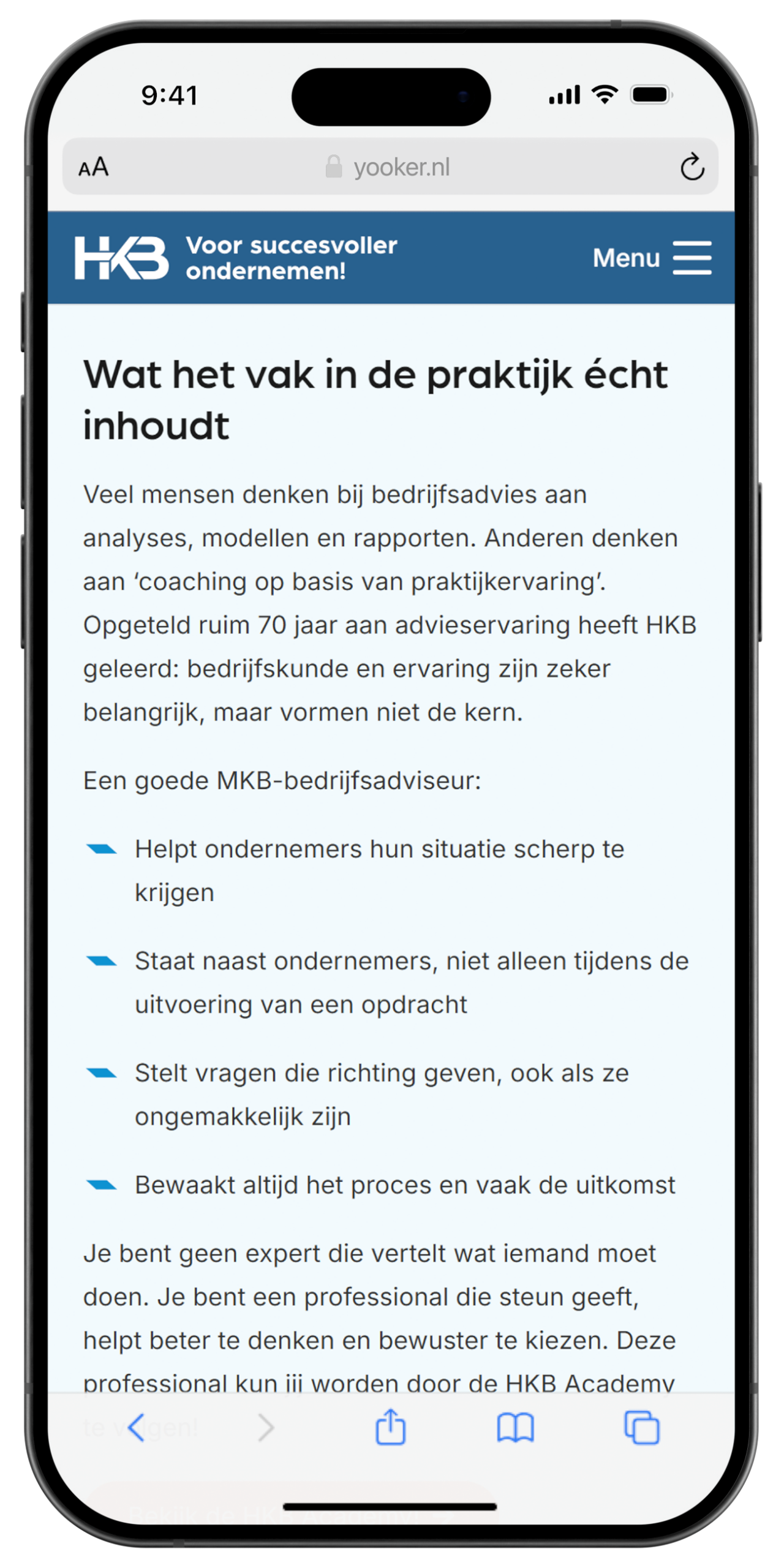 Smartphone scherm met HKB bedrijfsadvies tekst.